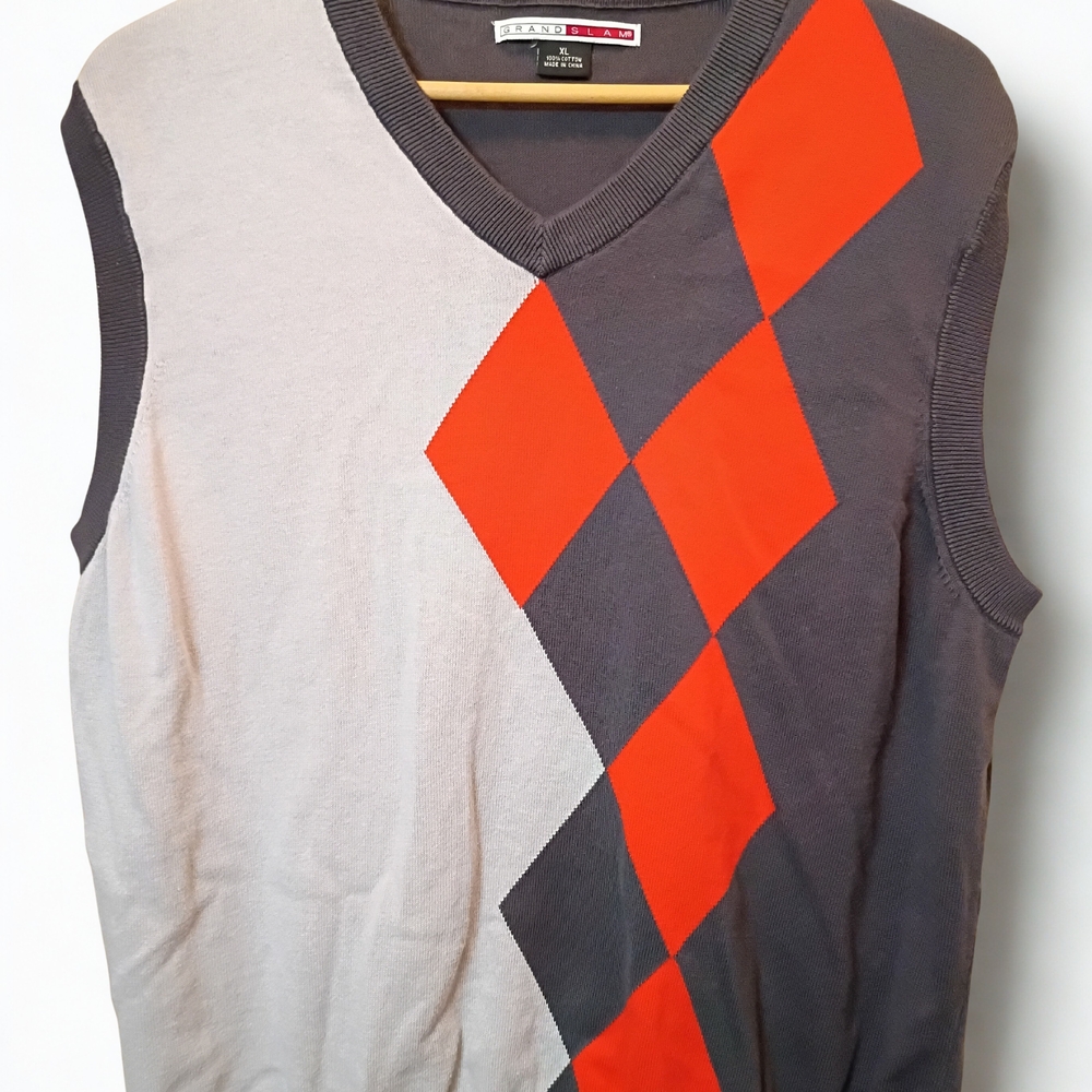Grand Slam Men's V-Neck Sweater - Gray and Orange Argyle
